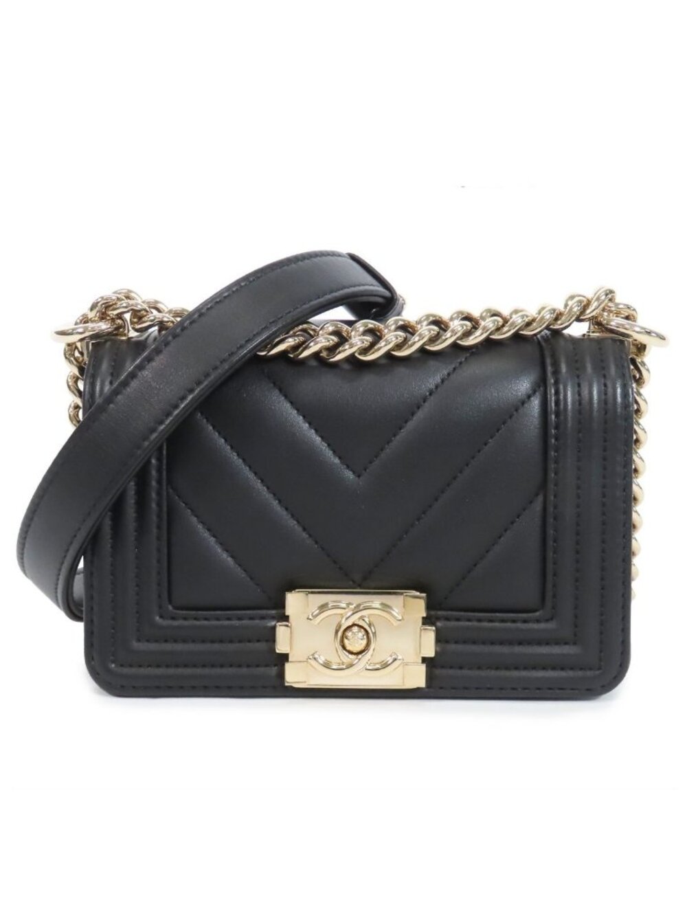 Chanel Boy Black Gold Lambskin Mini Stitch 15 Chain Shoulder Bag